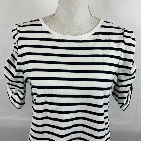 Kate Spade Top L White Black Stripe Short Ruched Sleeve - Picture 3 of 11